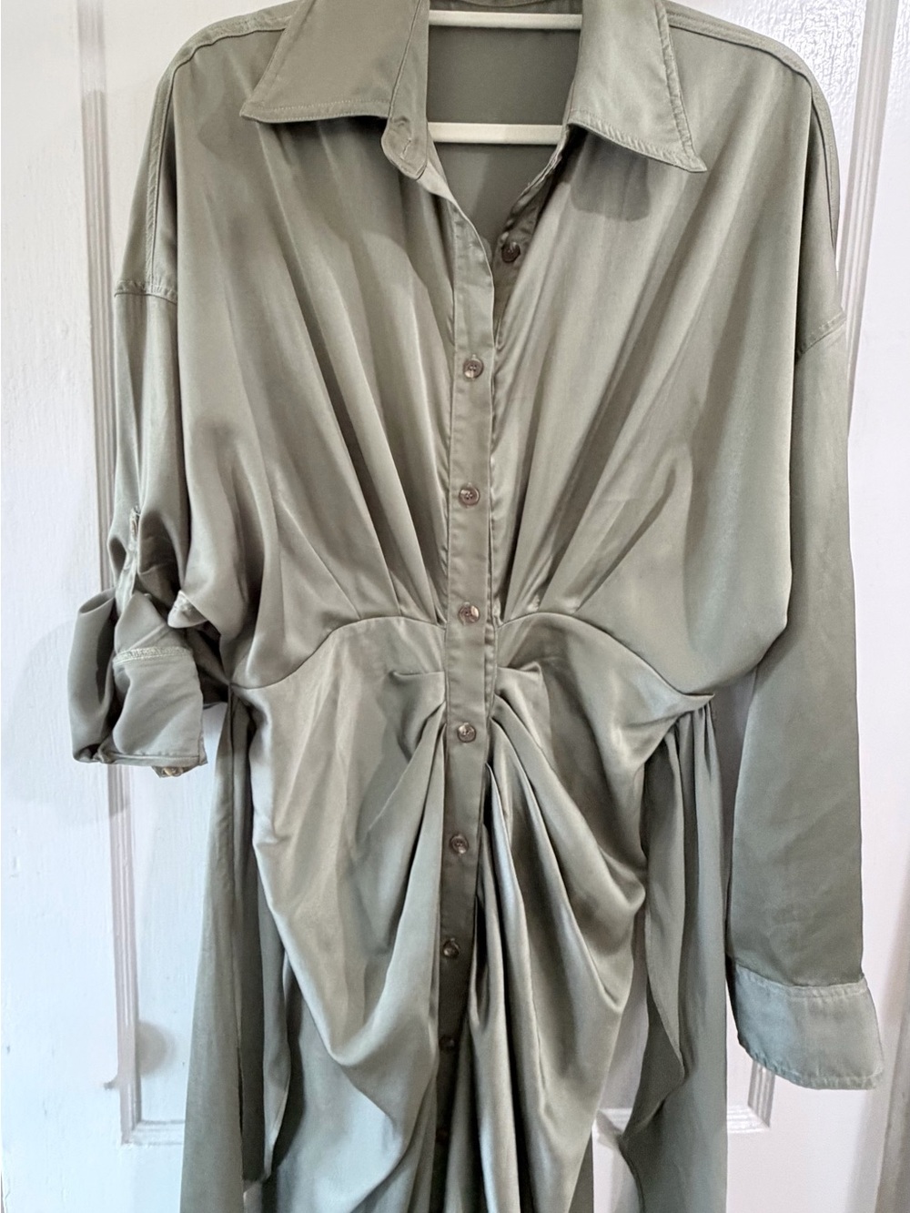 Ruched Satin Olive Midi  Dress with Button Front & wrap sash belt - size L 8/10 - Picture 5 of 8